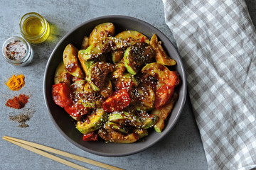 Vegan bowl with braised sesame zucchini. Healthy diet. Keto diet.
