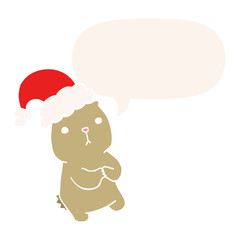 cartoon christmas bear worrying and speech bubble in retro style