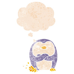 cartoon penguin tapping foot and thought bubble in retro textured style