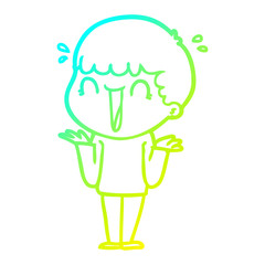 cold gradient line drawing laughing cartoon man shrugging shoulders