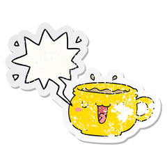 cute cartoon coffee cup and speech bubble distressed sticker