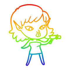 rainbow gradient line drawing pretty cartoon girl with ray gun