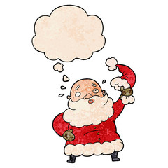cartoon santa claus waving hat and thought bubble in grunge texture pattern style