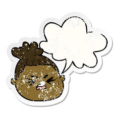 cartoon female face and speech bubble distressed sticker