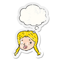 cartoon girls face and thought bubble as a distressed worn sticker
