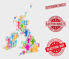 Democrat Great Britain and Ireland map and stamps. Red rectangular Citizens Only scratched seal. Colorful Great Britain and Ireland map mosaic of raised up vote arms. Vector collage for election day,
