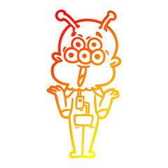 warm gradient line drawing happy cartoon alien shrugging shoulders