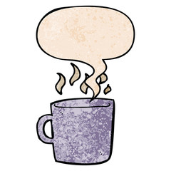 cartoon hot cup of coffee and speech bubble in retro texture style