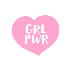 Vector flat lettering grl pwr on pink heart isolated on white