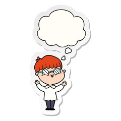 cartoon boy wearing spectacles and thought bubble as a printed sticker
