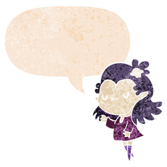 cartoon vampire and speech bubble in retro textured style