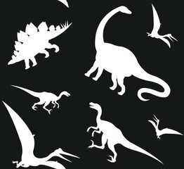 Obraz premium Vector seamless pattern of white different dinosaur silhouette isolated on black background