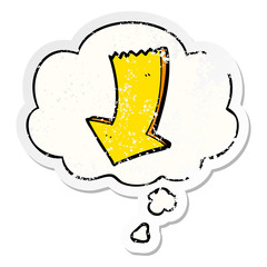 cartoon pointing arrow and thought bubble as a distressed worn sticker