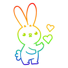 rainbow gradient line drawing cute cartoon rabbit with love hearts