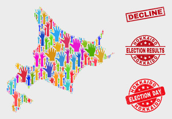 Ballot Hokkaido map and seal stamps. Red rectangle Decline distress stamp. Bright Hokkaido map mosaic of upwards choice arms. Vector collage for election day, and ballot results.