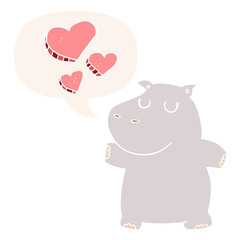 Obraz na płótnie Canvas cartoon hippo in love and speech bubble in retro style