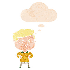 cartoon annoyed man and thought bubble in retro textured style