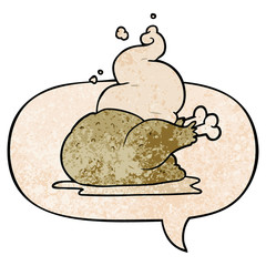 cartoon whole cooked chicken and speech bubble in retro texture style