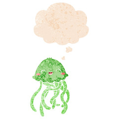cute cartoon jellyfish and thought bubble in retro textured style
