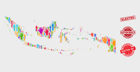 Election Indonesia map and seal stamps. Red rectangle Elected scratched stamp. Colored Indonesia map mosaic of raised choice arms. Vector combination for election day, and referendum results.
