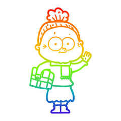 rainbow gradient line drawing cartoon happy old woman