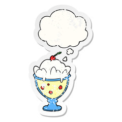 cartoon dessert and thought bubble as a distressed worn sticker