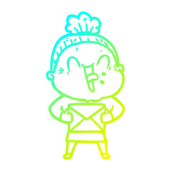 cold gradient line drawing cartoon happy old woman