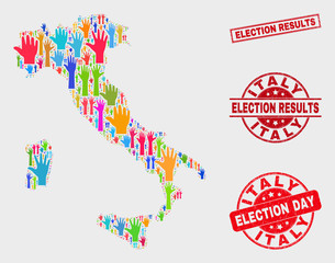 Election Italy map and stamps. Red rectangle Election Results scratched seal. Colored Italy map mosaic of raised up voting hands. Vector collage for election day, and ballot results.