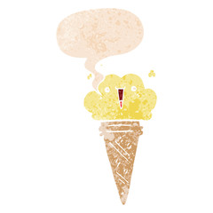 cartoon ice cream with face and speech bubble in retro textured style