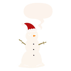 cartoon snowman and speech bubble in retro style