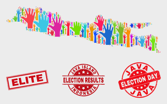 Ballot Java Island map and seal stamps. Red rectangle Elite scratched seal. Colorful Java Island map mosaic of raised up ballot arms. Vector collage for election day, and ballot results.