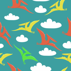 Seamless pattern with pterodactyls flying in the sky. Print for fabric or packaging or other. Vector pattern.