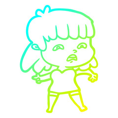 cold gradient line drawing cartoon worried woman
