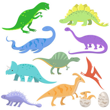Set of color dinosaurs in cartoon style. Vector illustration isolated on white background.