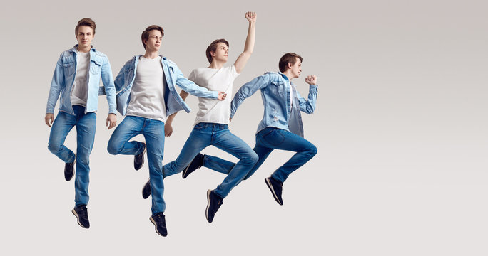 Multiple portrait of a jumping handsome hipster man