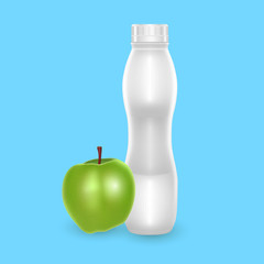 3D White Yogurt Plastic Bottle, Realistic Bottle with apple drinking yogurt, Vector EPS 10 illustration