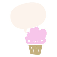 cartoon cupcake and face and speech bubble in retro style