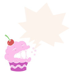 funny cartoon cupcake and speech bubble in retro style