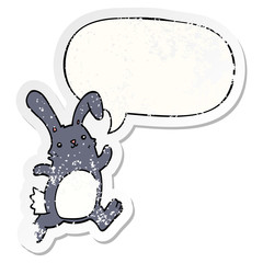 cartoon rabbit running and speech bubble distressed sticker