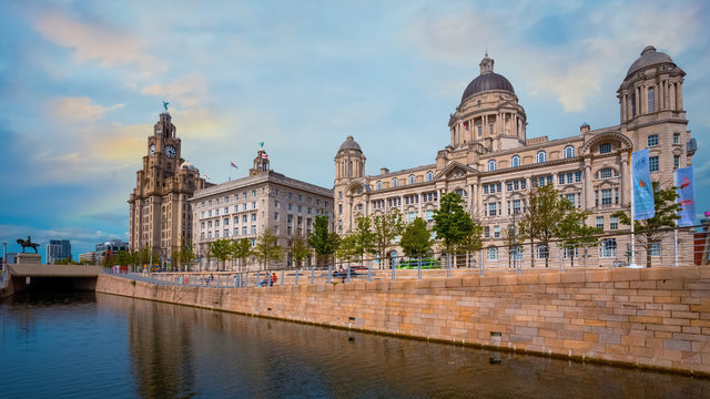 Liverpool Pier Head with the Royal Liver Building, Cunard Building and Port of Liverpool Building
