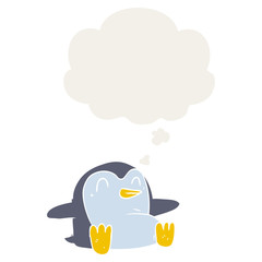 cartoon penguin and thought bubble in retro style