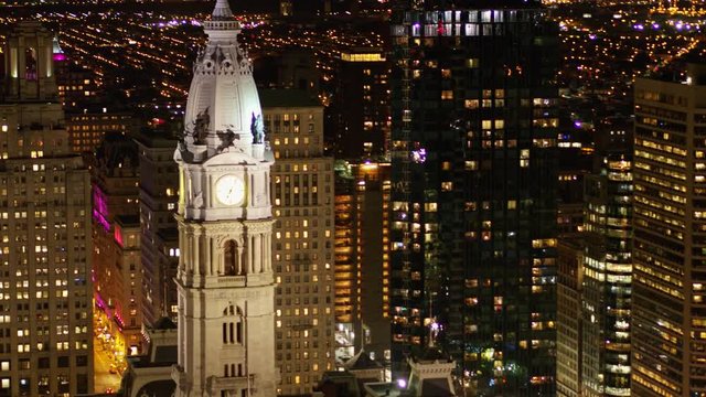 Philadelphia Pennsylvania Aerial v104 Panning detail of City Hall clock tower at dusk/night - October 2017