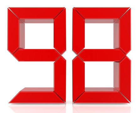 Red digital numbers 98 on white background 3d rendering