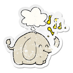 cartoon trumpeting elephant and thought bubble as a distressed worn sticker