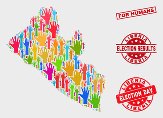 Election Liberia map and seal stamps. Red rectangle For Humans distress seal stamp. Colored Liberia map mosaic of raised up help arms. Vector combination for election day, and referendum results.