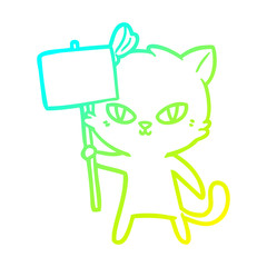 cold gradient line drawing cute cartoon cat with protest sign