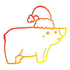 warm gradient line drawing cartoon bear wearing christmas hat