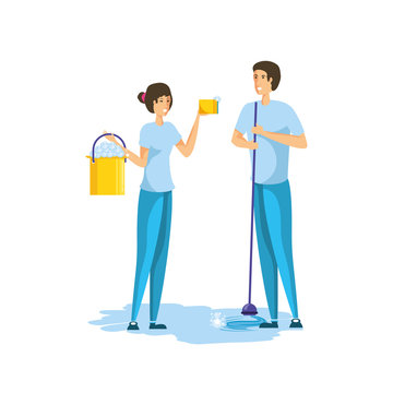 Isolated woman and man cartoon cleaning design