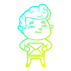 cold gradient line drawing happy cartoon man with gift