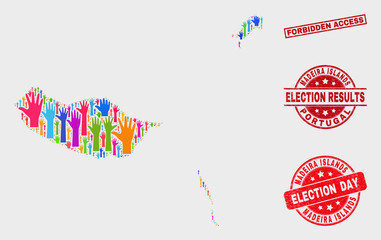 Ballot Madeira Islands map and stamps. Red rectangle Forbidden Access textured seal. Colorful Madeira Islands map mosaic of raised ballot hands. Vector combination for election day,